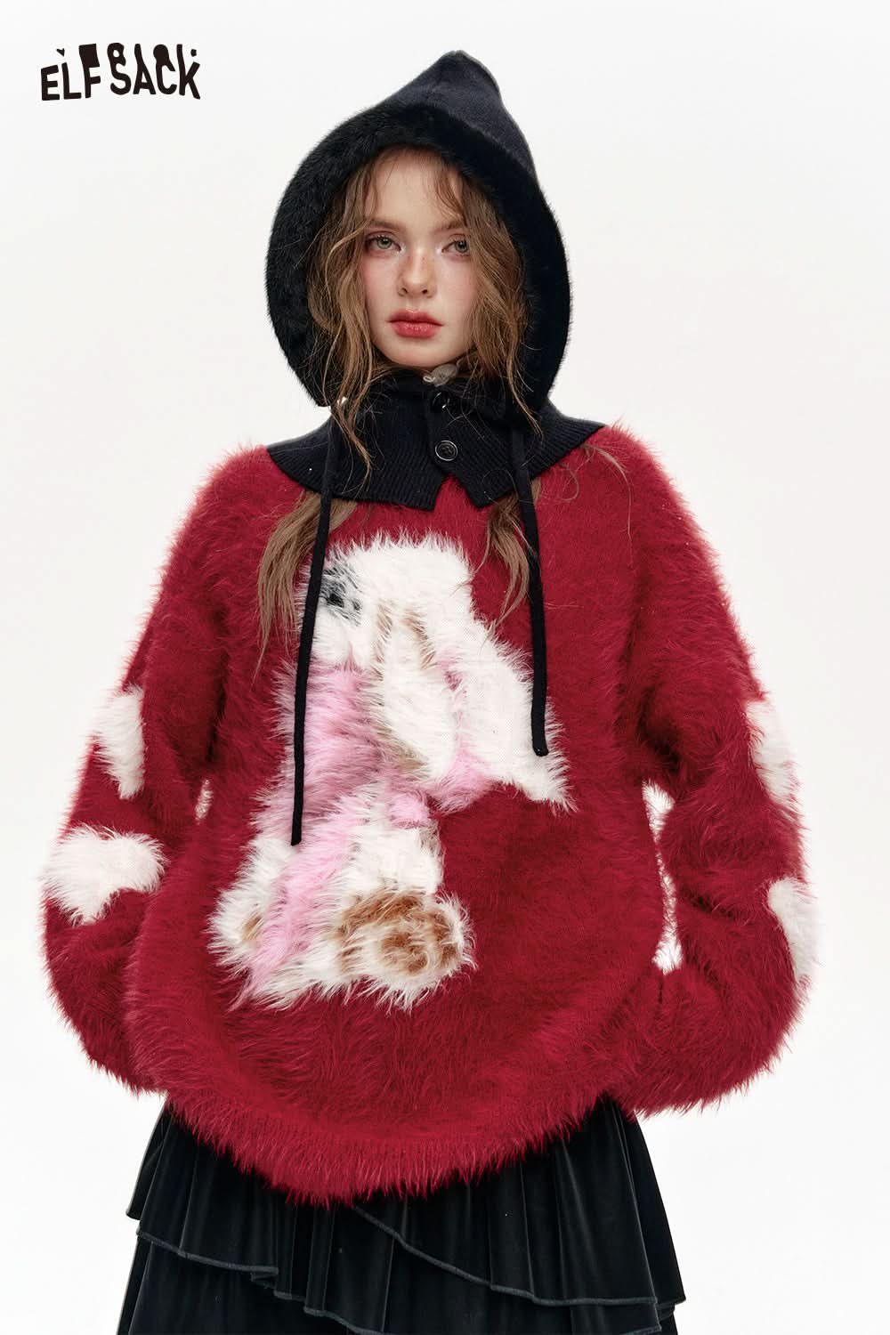 ELFSACK Burgundy Heart Cartoon Rabbit Crewneck Sweater Women