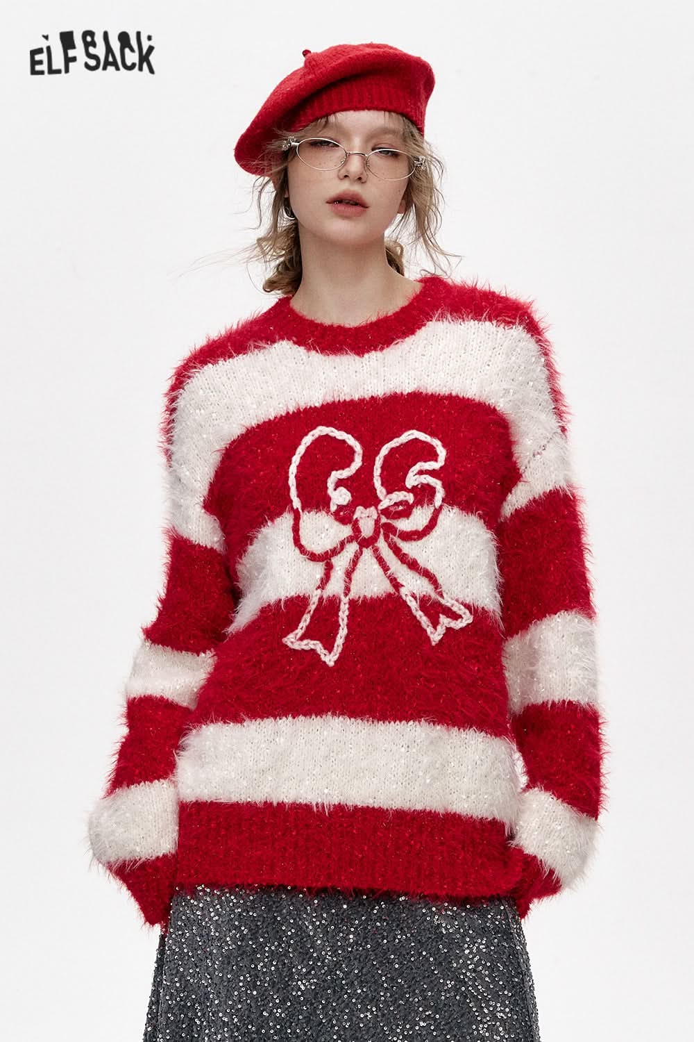 ELFSACK Year Red White Stripes Bowknot Jacquard Long Hair Sweater Women