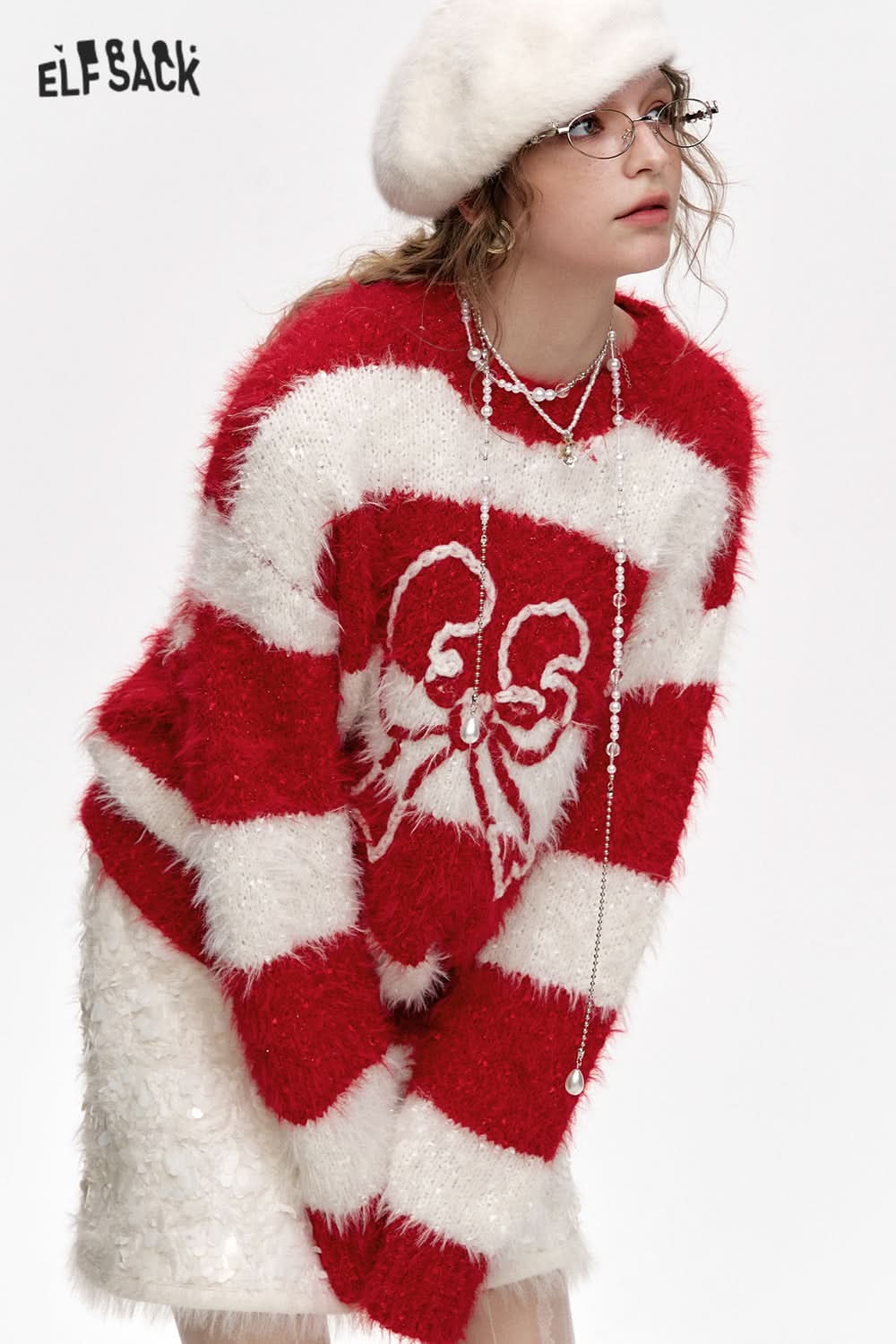 ELFSACK Year Red White Stripes Bowknot Jacquard Long Hair Sweater Women