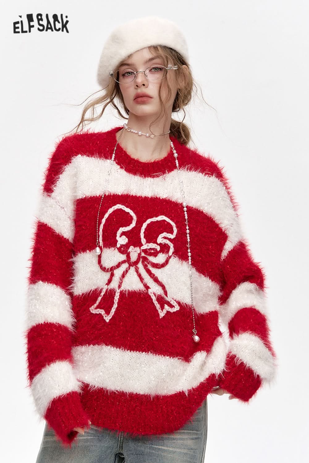 ELFSACK Year Red White Stripes Bowknot Jacquard Long Hair Sweater Women