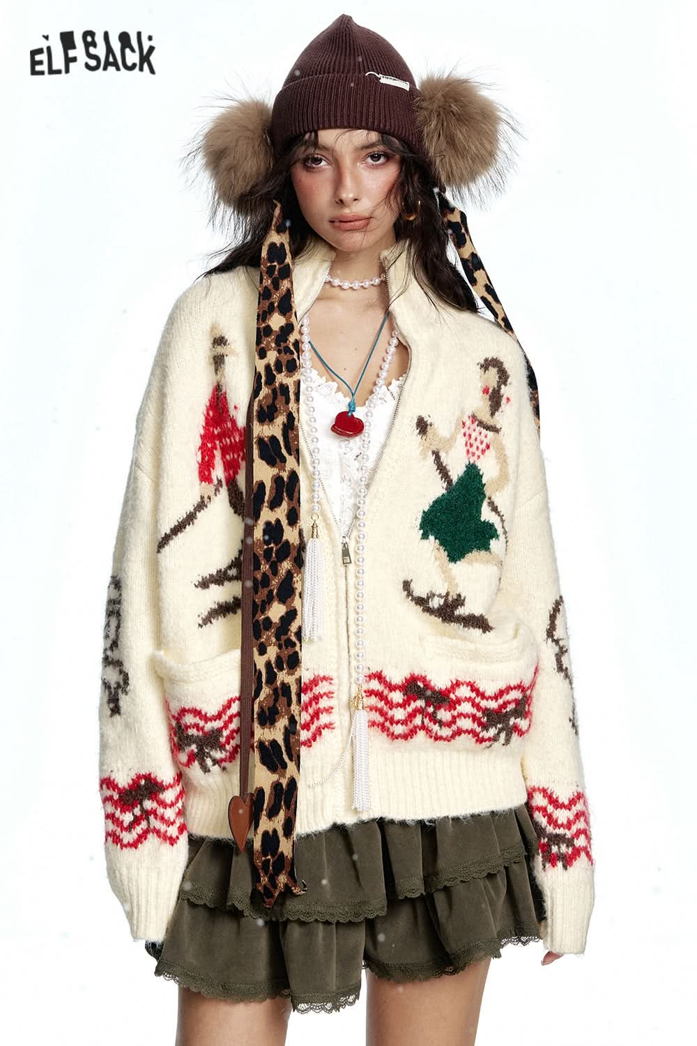 ELFSACK Turtleneck Zipper Cardigan Colorful Yarn Pattern Sweater Women