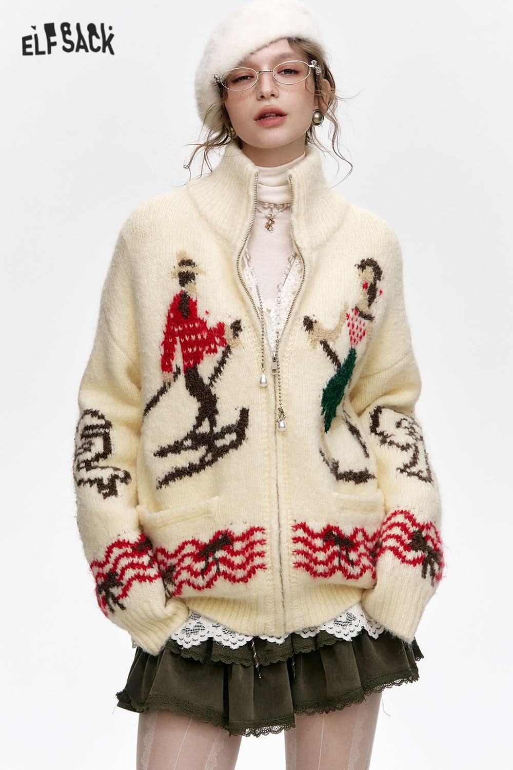 ELFSACK Turtleneck Zipper Cardigan Colorful Yarn Pattern Sweater Women