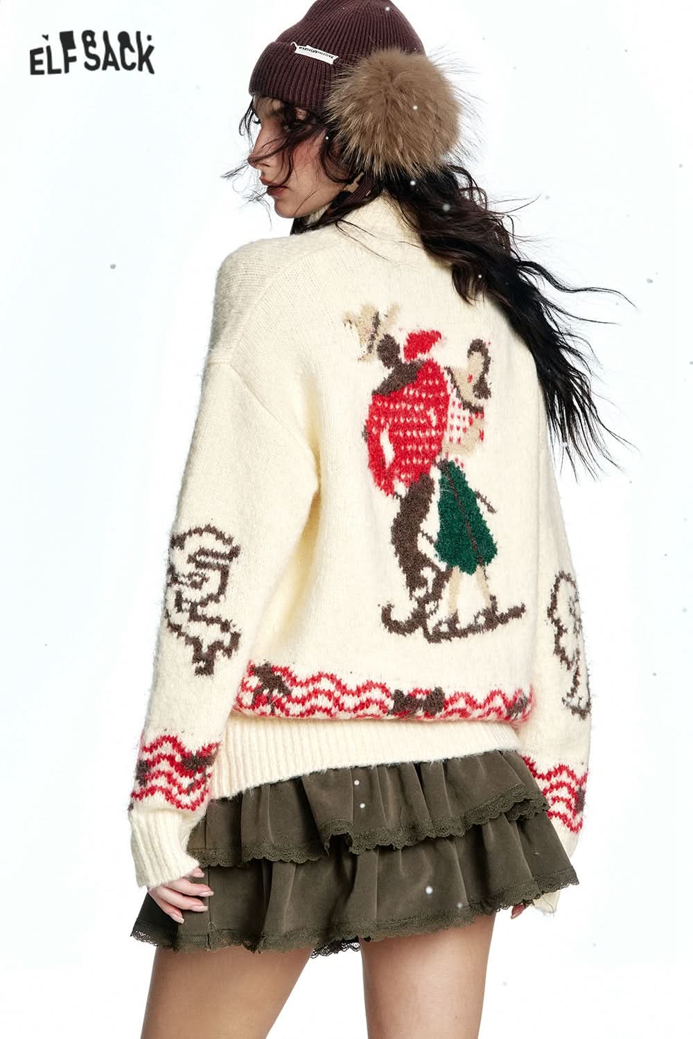 ELFSACK Turtleneck Zipper Cardigan Colorful Yarn Pattern Sweater Women