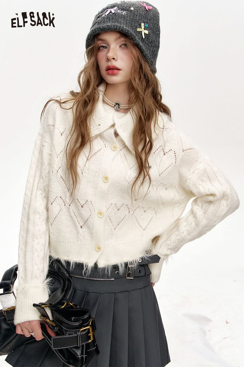 ELFSACK Lapel Heart Hollow White Knit Short Cardigan Women