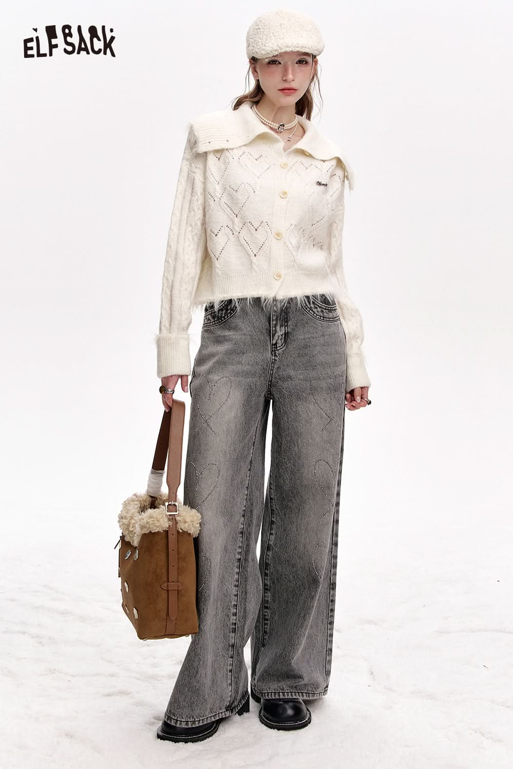 ELFSACK Lapel Heart Hollow White Knit Short Cardigan Women