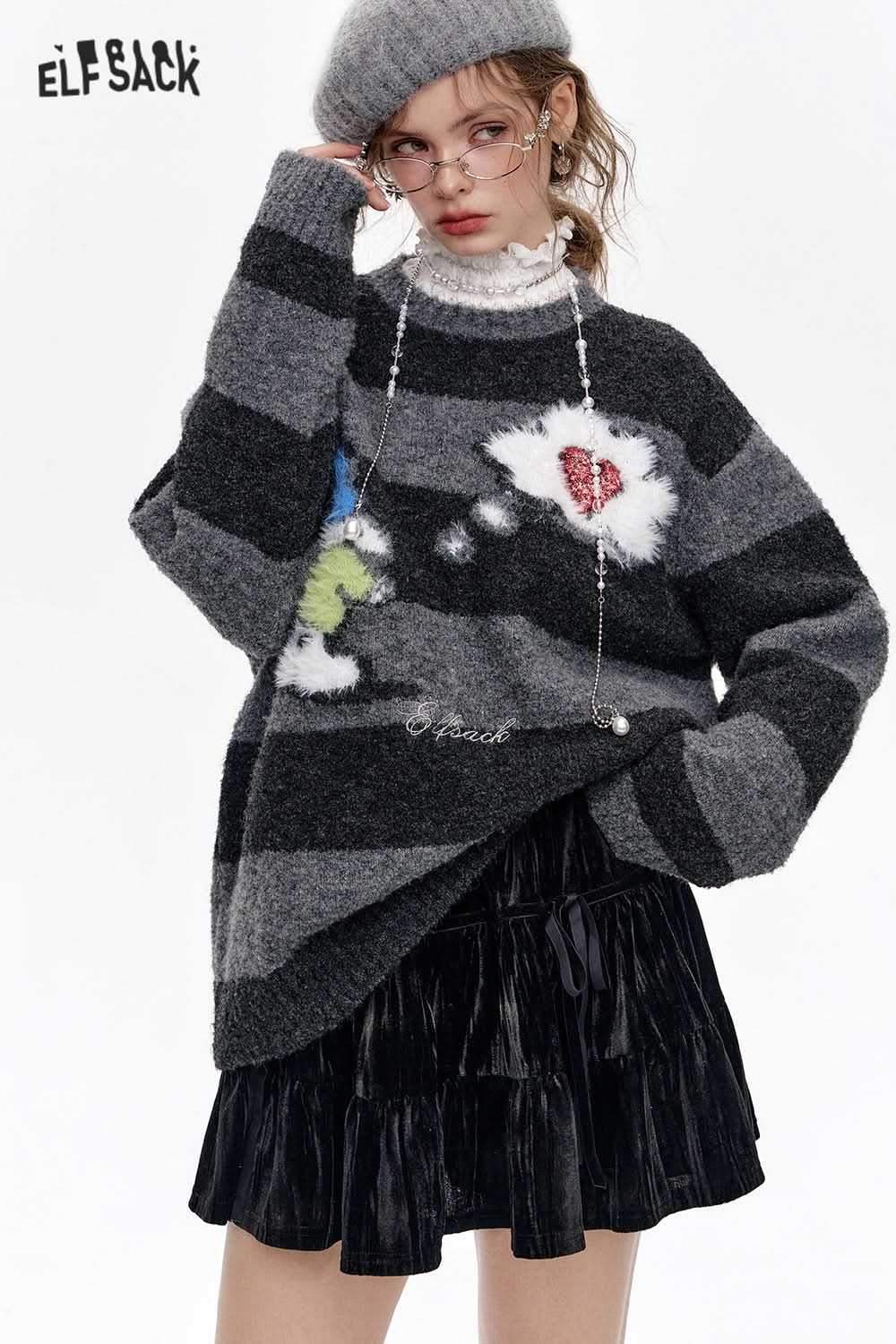 ELFSACK Dark Gray Striped Snowman Thick Warm Loose Sweater Women