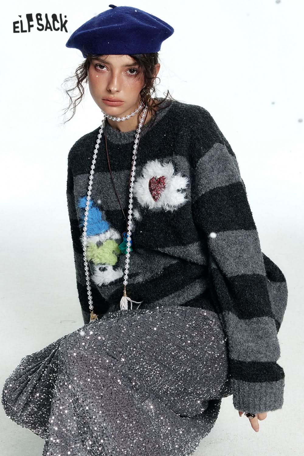 ELFSACK Dark Gray Striped Snowman Thick Warm Loose Sweater Women