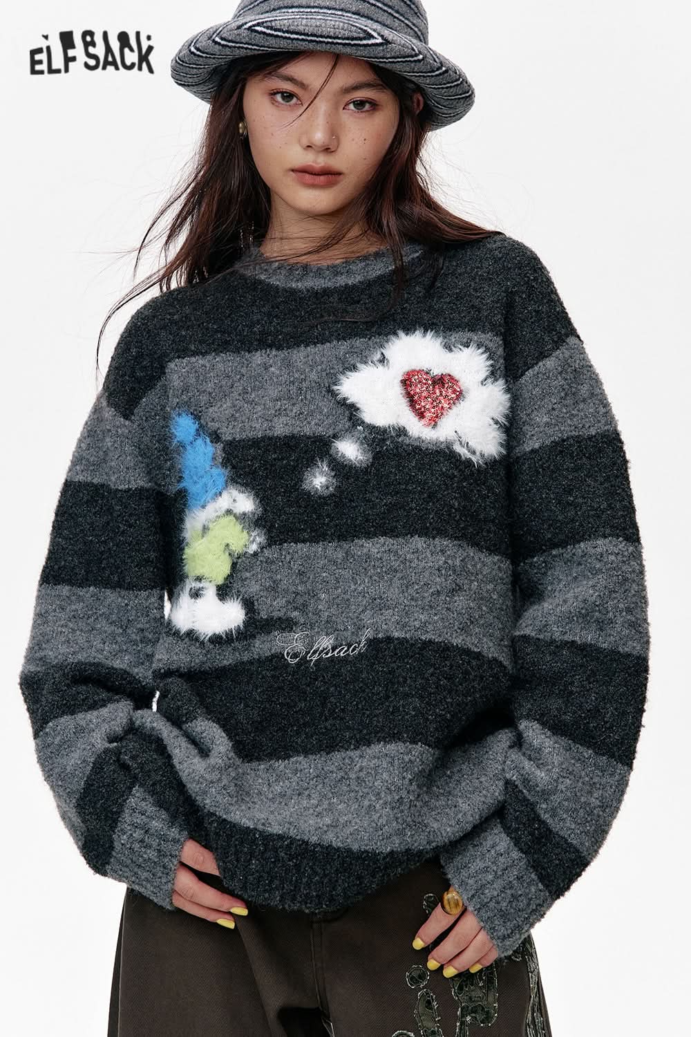 ELFSACK Dark Gray Striped Snowman Thick Warm Loose Sweater Women