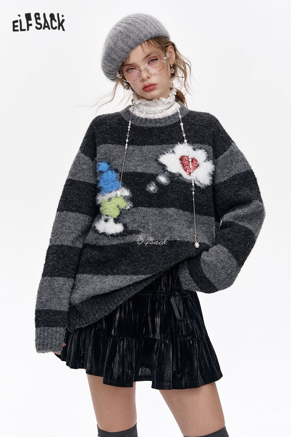 ELFSACK Dark Gray Striped Snowman Thick Warm Loose Sweater Women