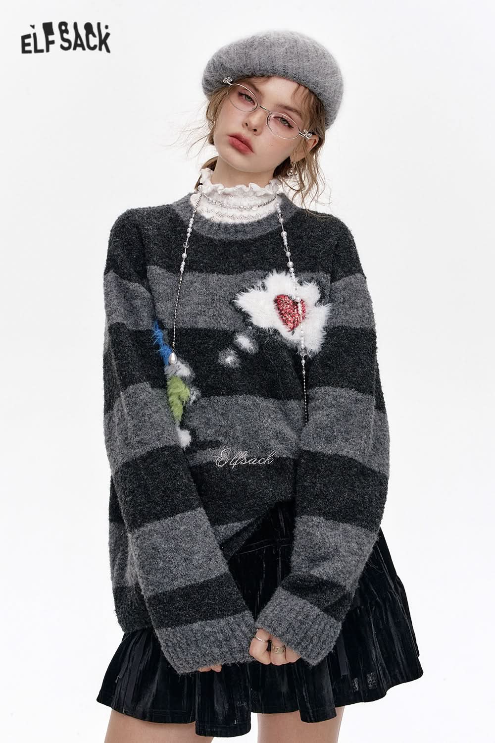 ELFSACK Dark Gray Striped Snowman Thick Warm Loose Sweater Women