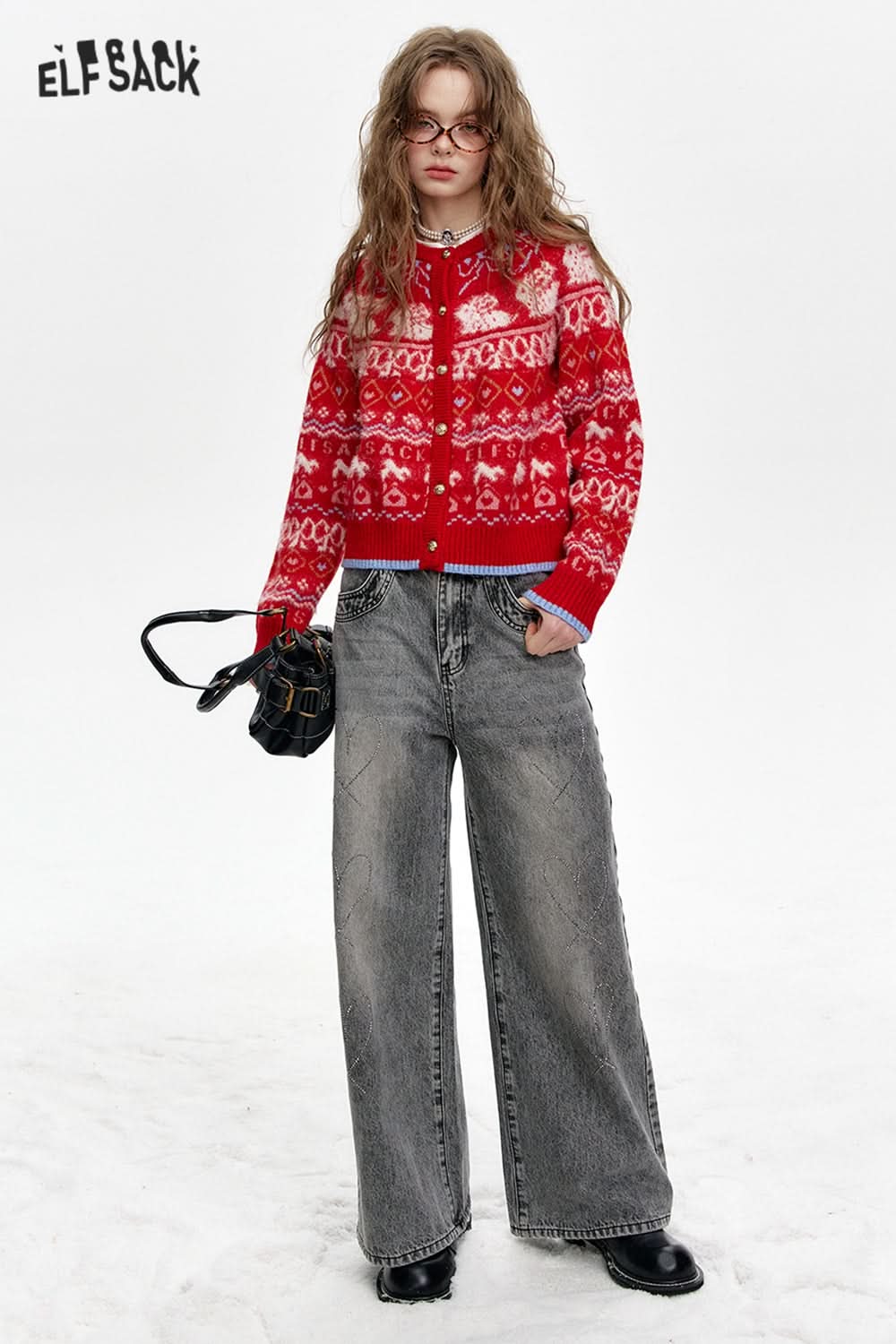 ELFSACK Fair Isle Red Rabbit Knit Cardigan Women