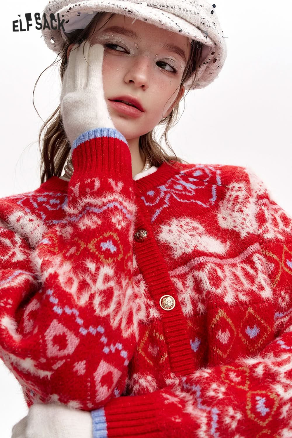 ELFSACK Fair Isle Red Rabbit Knit Cardigan Women