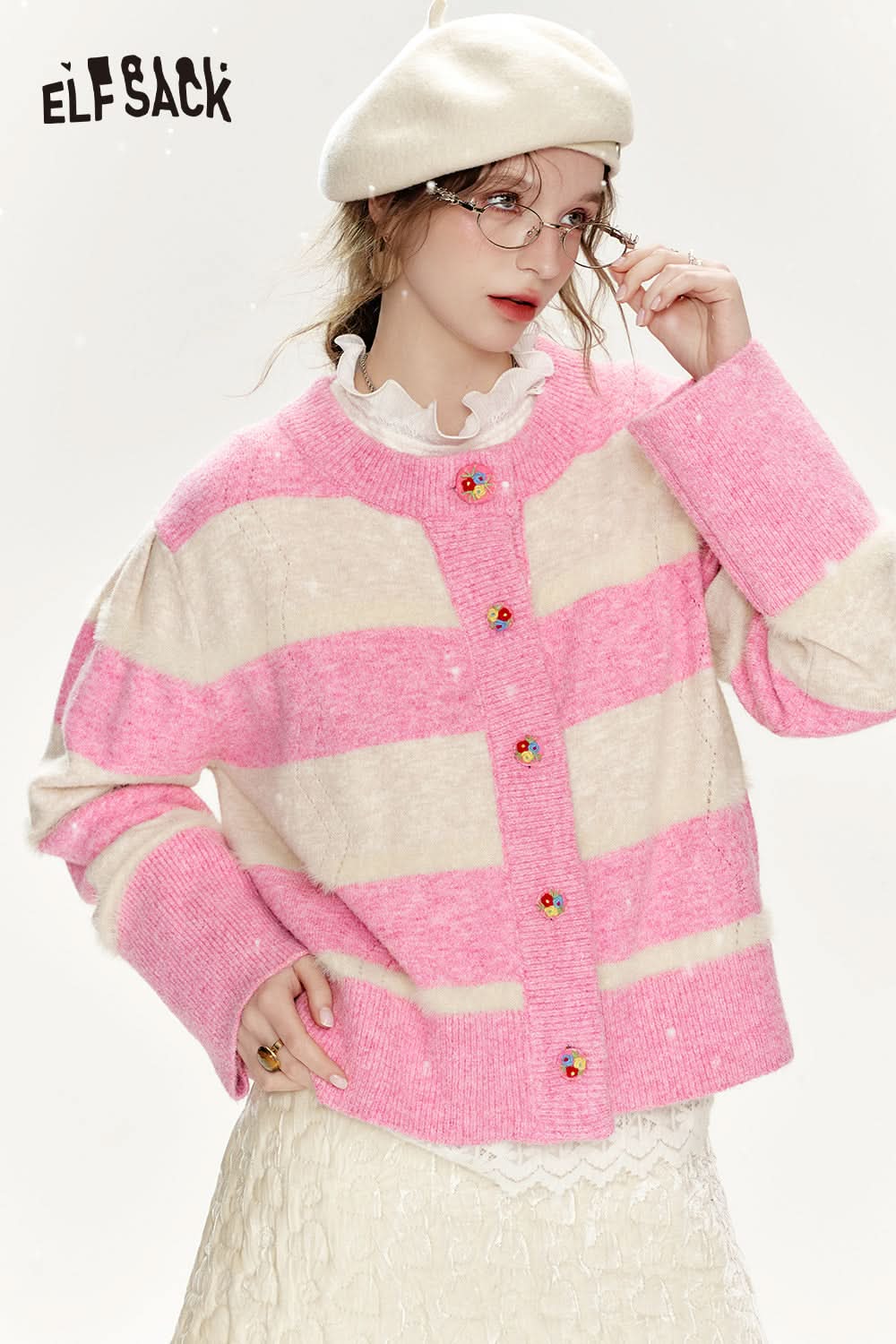 ELFSACK Loose and sweet sweater cardigan, women's pink and white striped flower design buttons