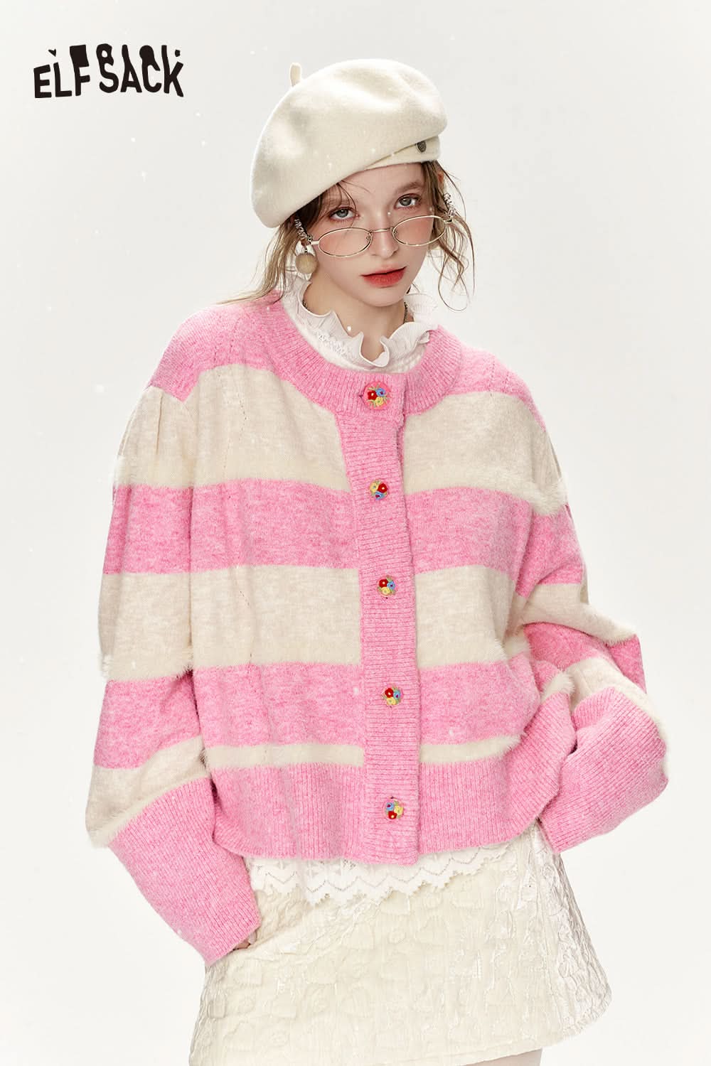 ELFSACK Loose and sweet sweater cardigan, women's pink and white striped flower design buttons