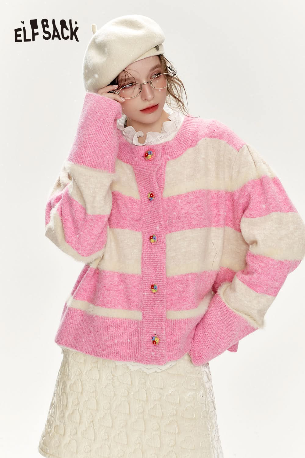 ELFSACK Loose and sweet sweater cardigan, women's pink and white striped flower design buttons