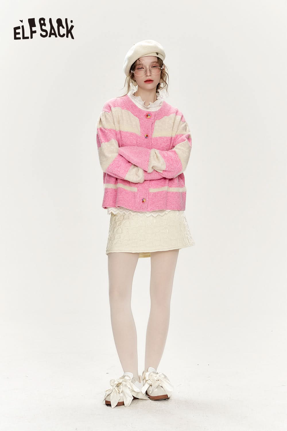 ELFSACK Loose and sweet sweater cardigan, women's pink and white striped flower design buttons