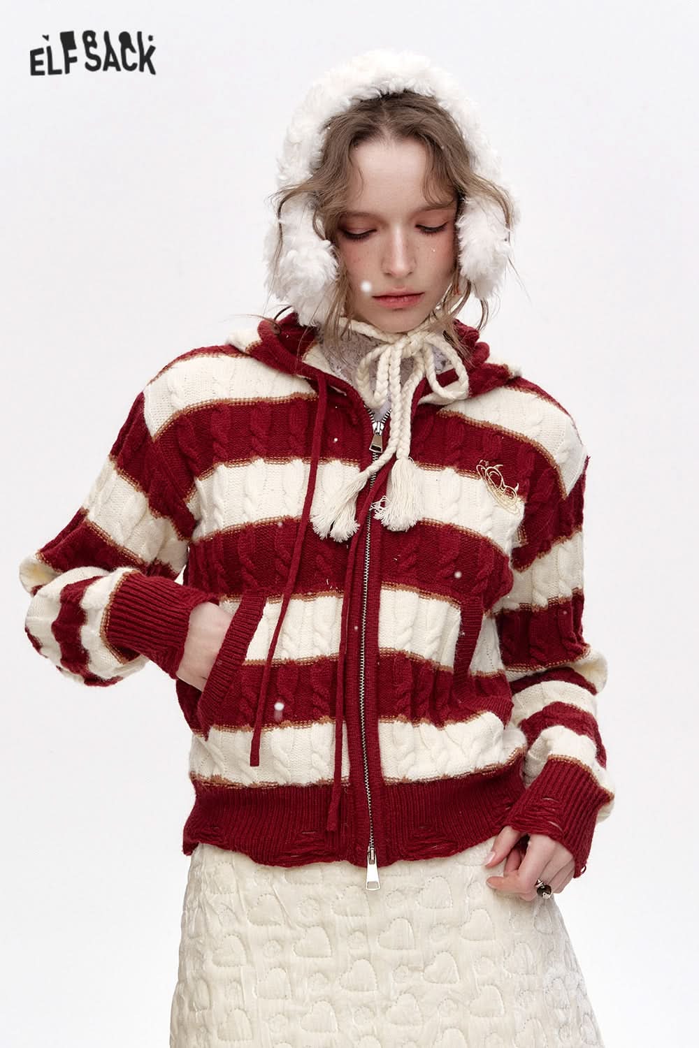ELFSACK Hooded Zipper Cardigan Christmas Year Red and White Striped Embroidered Sweater Women