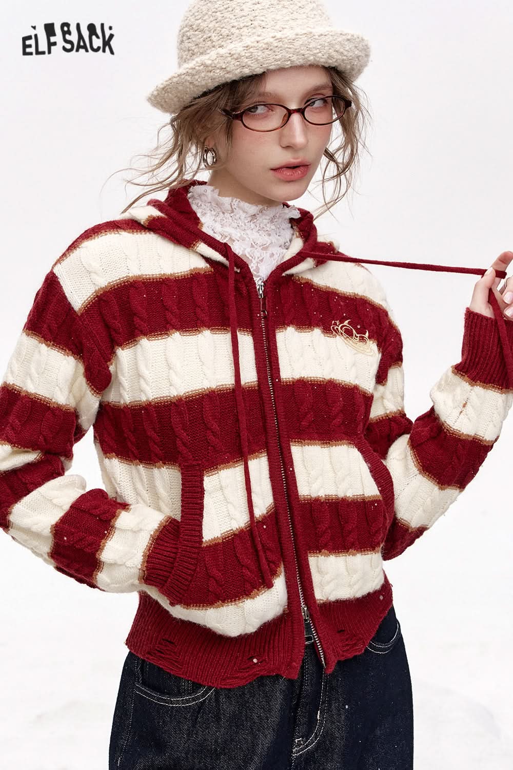ELFSACK Hooded Zipper Cardigan Christmas Year Red and White Striped Embroidered Sweater Women
