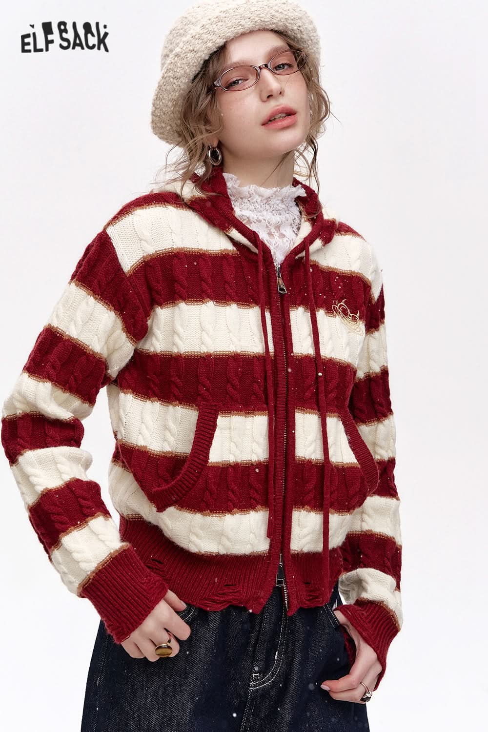 ELFSACK Hooded Zipper Cardigan Christmas Year Red and White Striped Embroidered Sweater Women