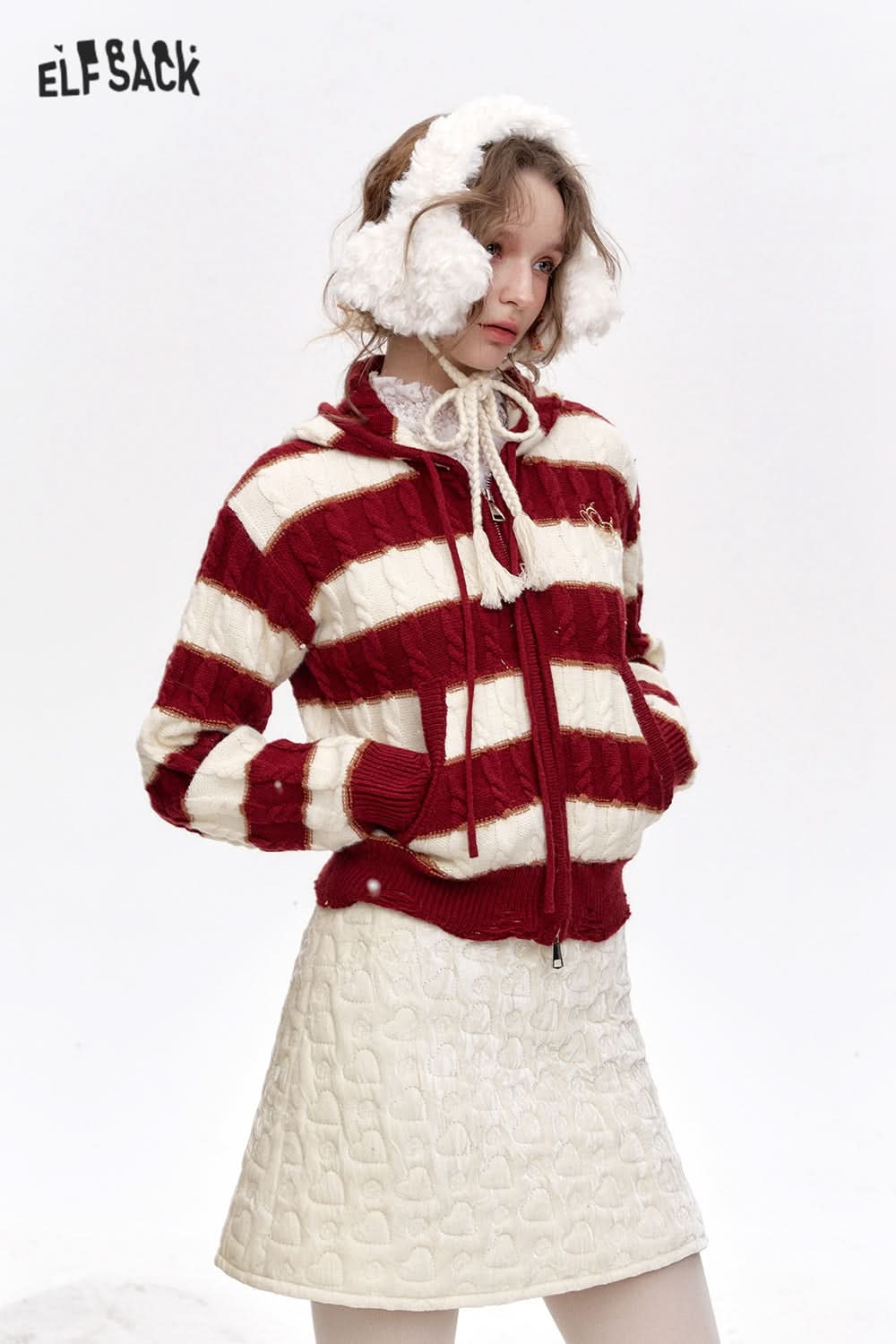 ELFSACK Hooded Zipper Cardigan Christmas Year Red and White Striped Embroidered Sweater Women