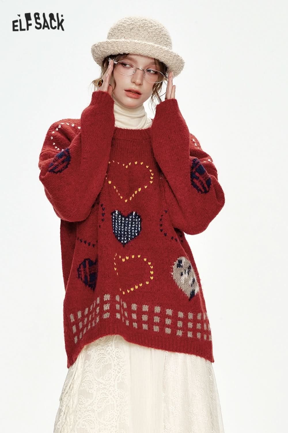 ELFSACK Christmas Year Red Heart Jacquard Round Neck Loose Sweater
