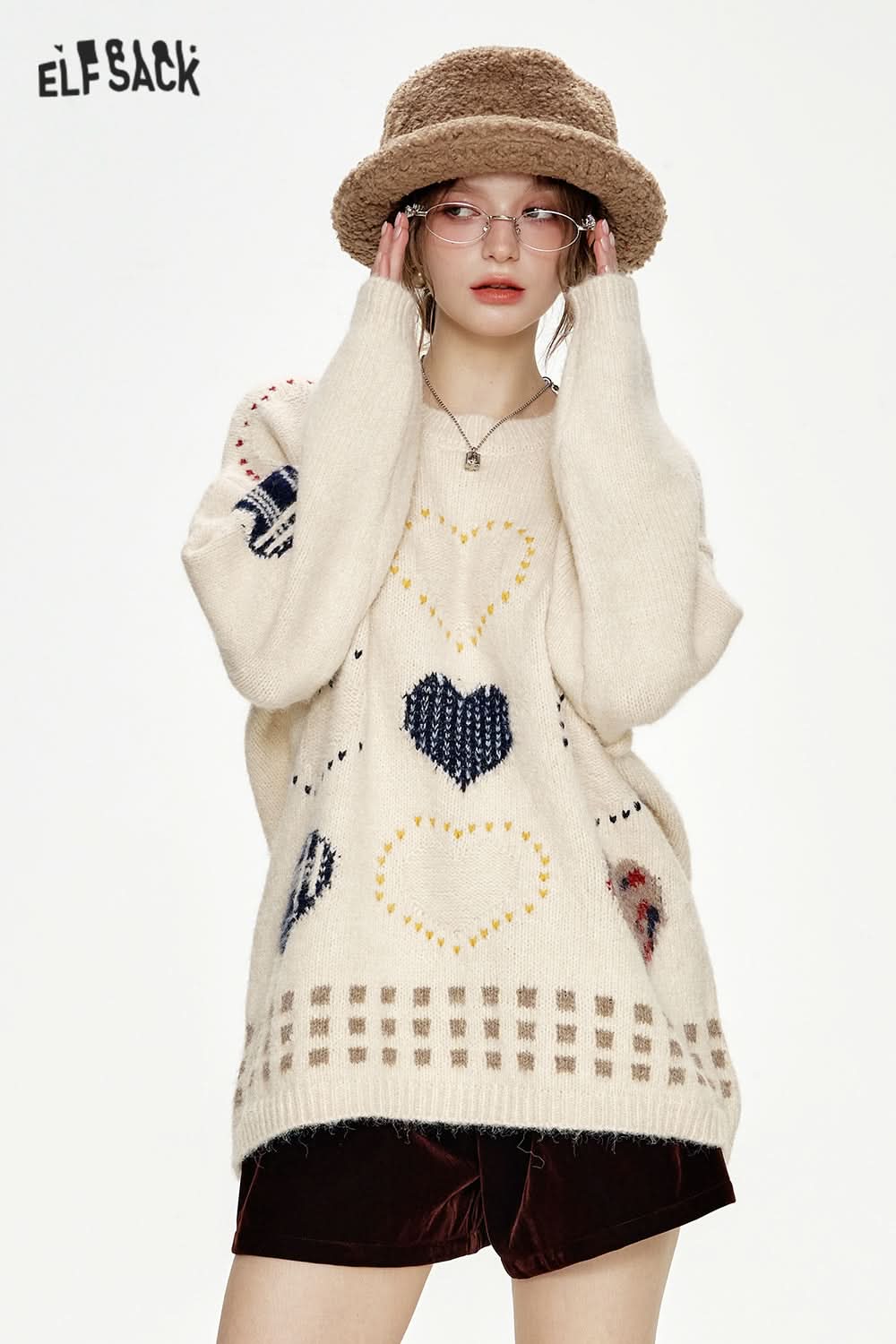 ELFSACK Christmas Year Red Heart Jacquard Round Neck Loose Sweater