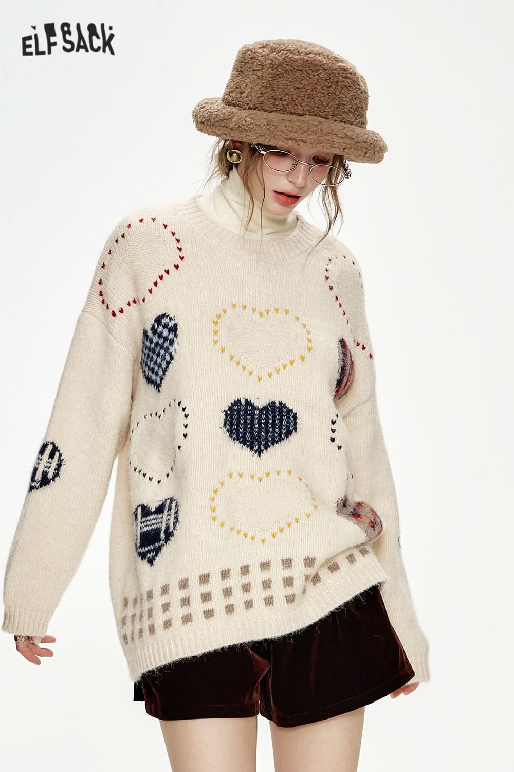 ELFSACK Christmas Year Red Heart Jacquard Round Neck Loose Sweater