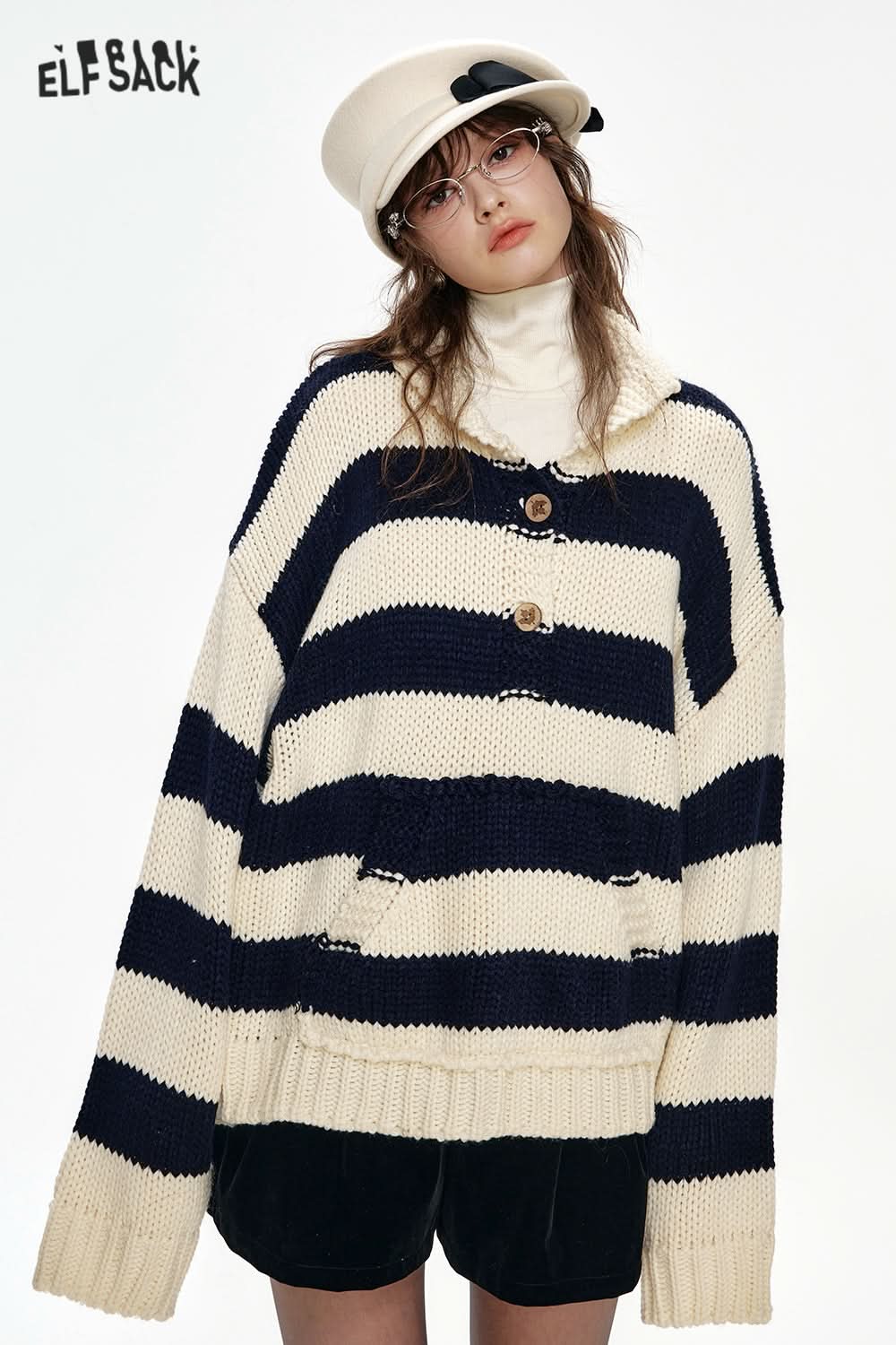 ELFSACK Christmas Year Button Lapel Red Striped Loose Sweater Women