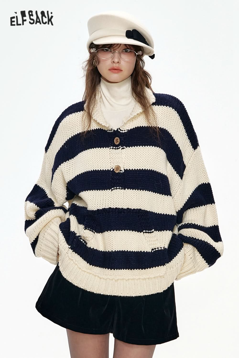 ELFSACK Christmas Year Button Lapel Red Striped Loose Sweater Women