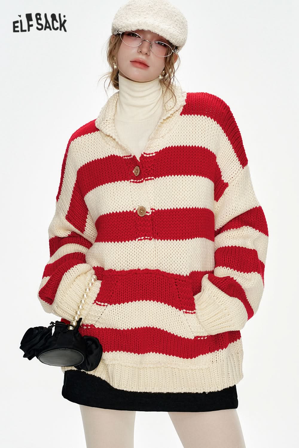 ELFSACK Christmas Year Button Lapel Red Striped Loose Sweater Women