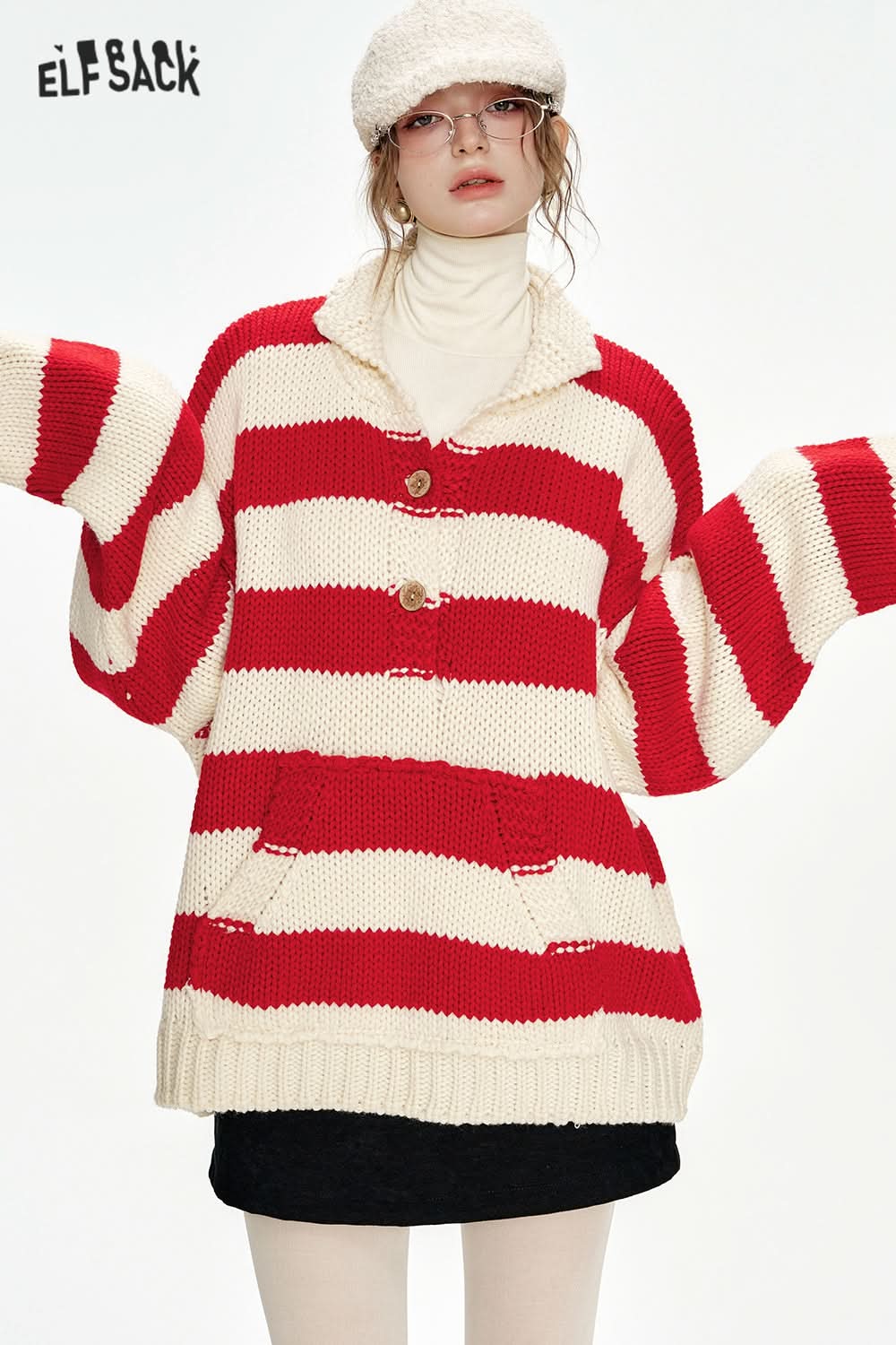ELFSACK Christmas Year Button Lapel Red Striped Loose Sweater Women