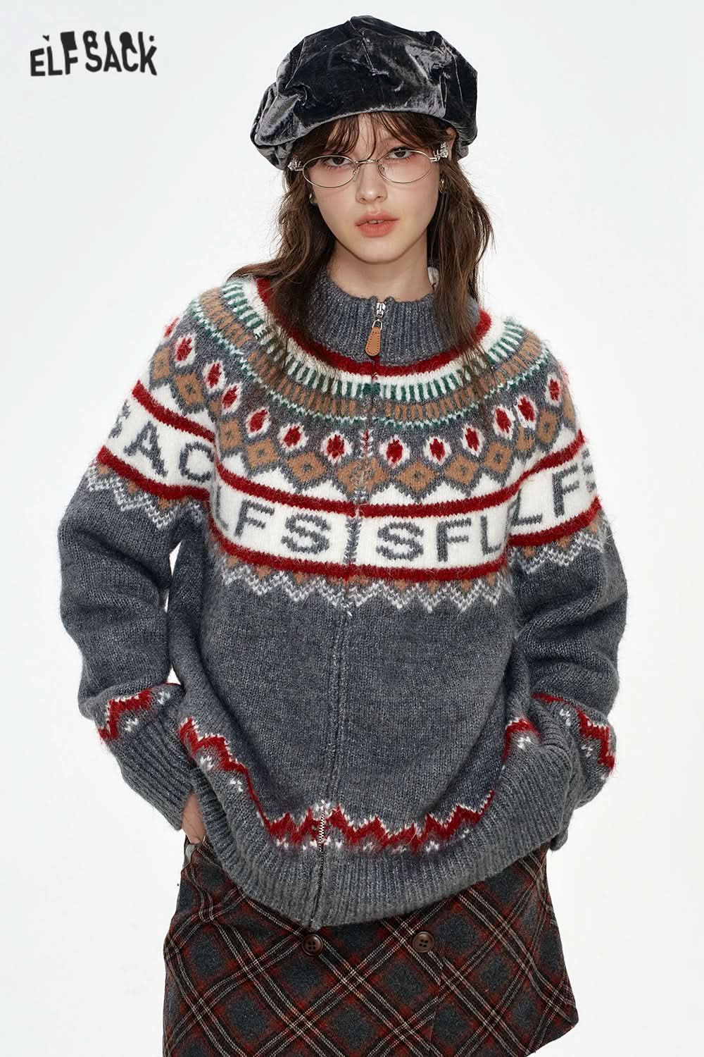 ELFSACK Fair Isle knitting cardigan jacket retro loose gray sweater
