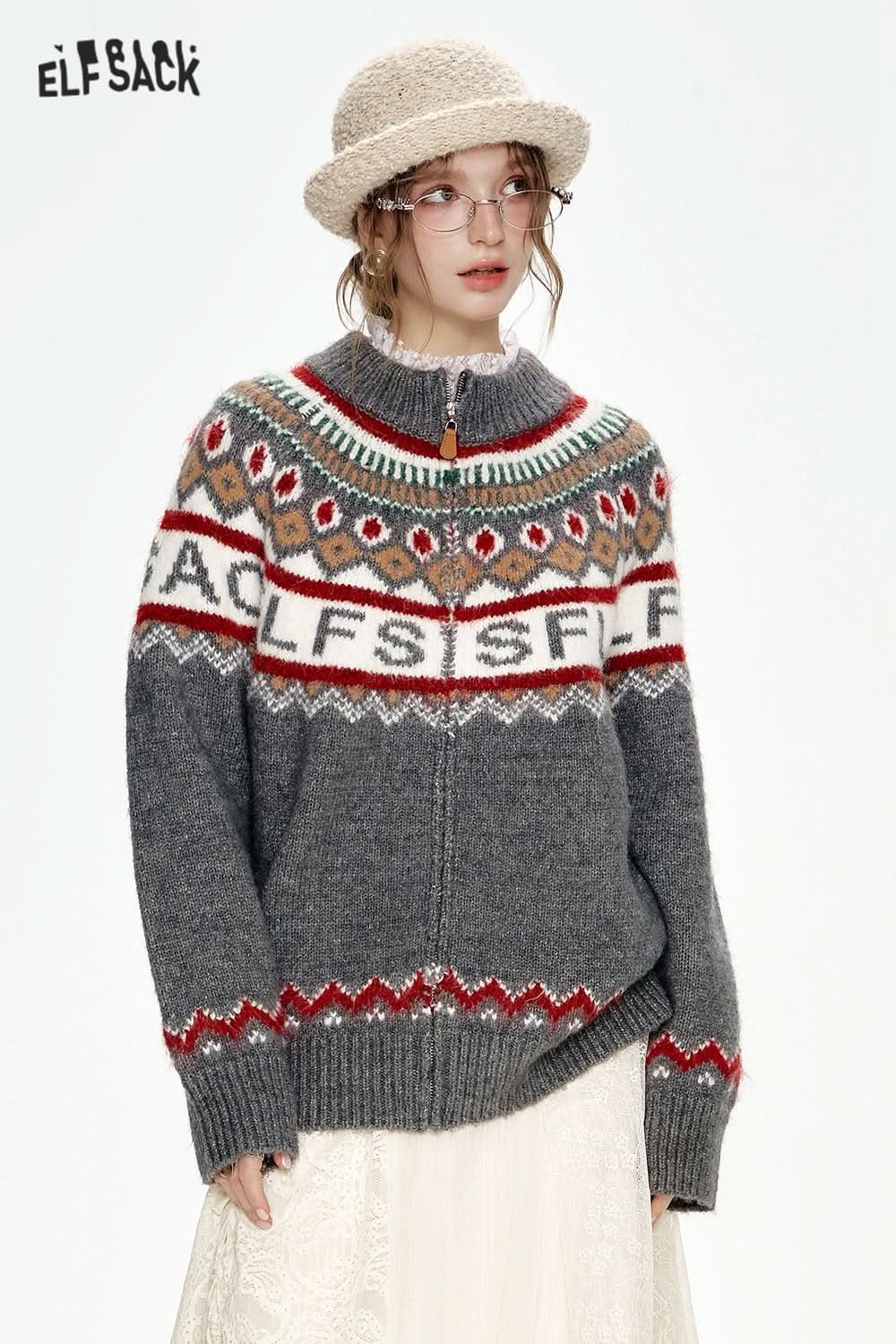 ELFSACK Fair Isle knitting cardigan jacket retro loose gray sweater