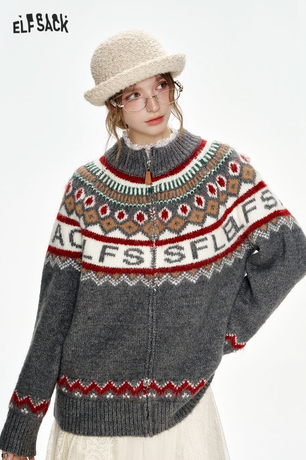 ELFSACK Fair Isle knitting cardigan jacket retro loose gray sweater