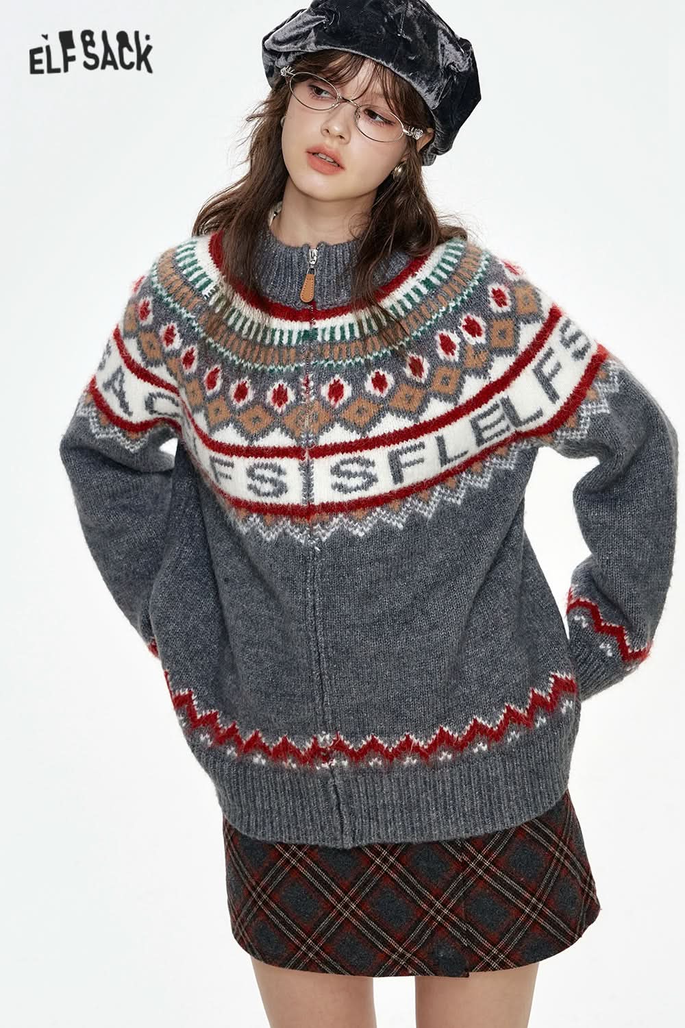 ELFSACK Fair Isle knitting cardigan jacket retro loose gray sweater