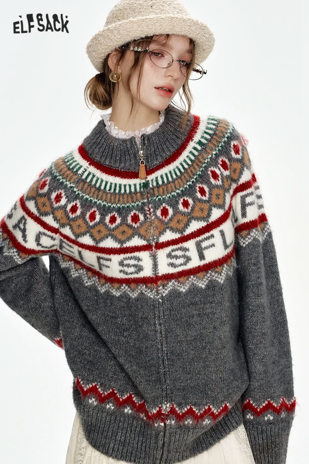ELFSACK Fair Isle knitting cardigan jacket retro loose gray sweater