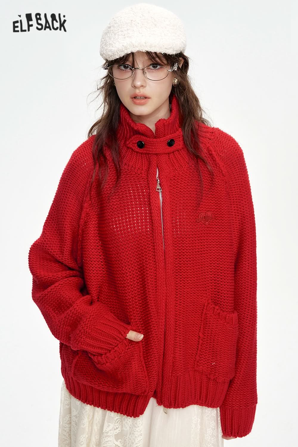 ELFSACK Stand collar loose red knitting cardigan with zipper pockets threaded closure
