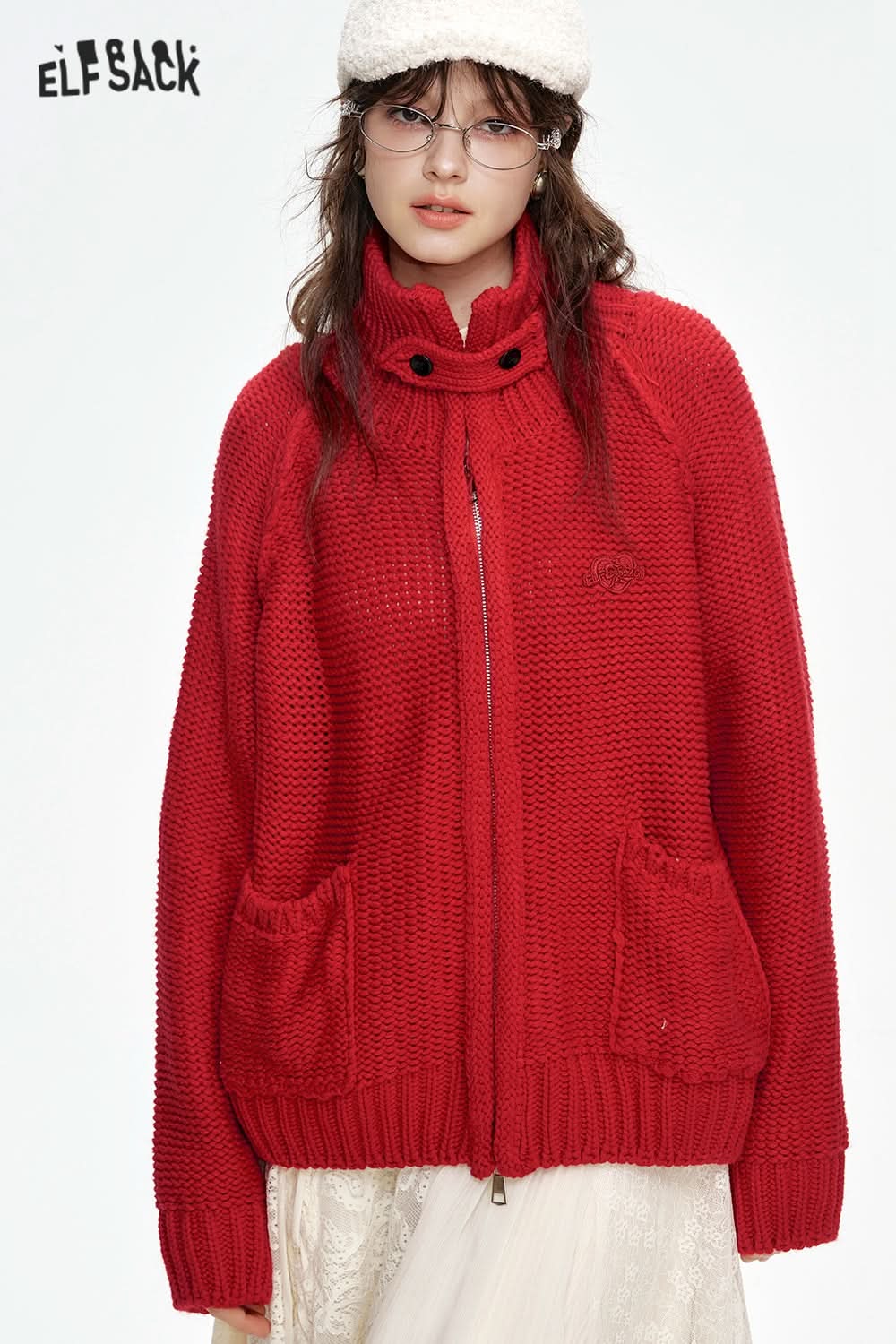 ELFSACK Stand collar loose red knitting cardigan with zipper pockets threaded closure