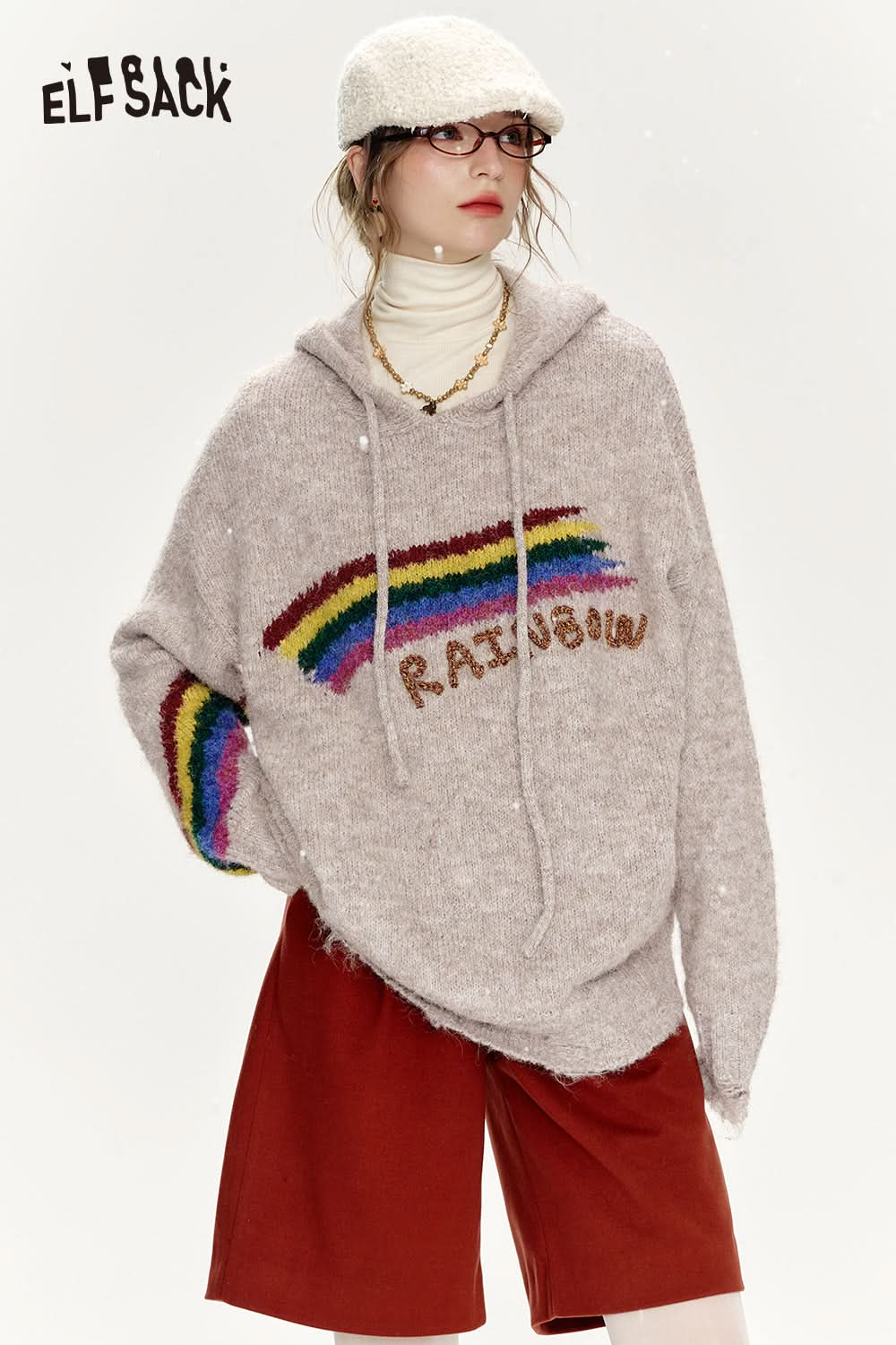 ELFSACK Retro loose rainbow hooded sweater women soft warm top