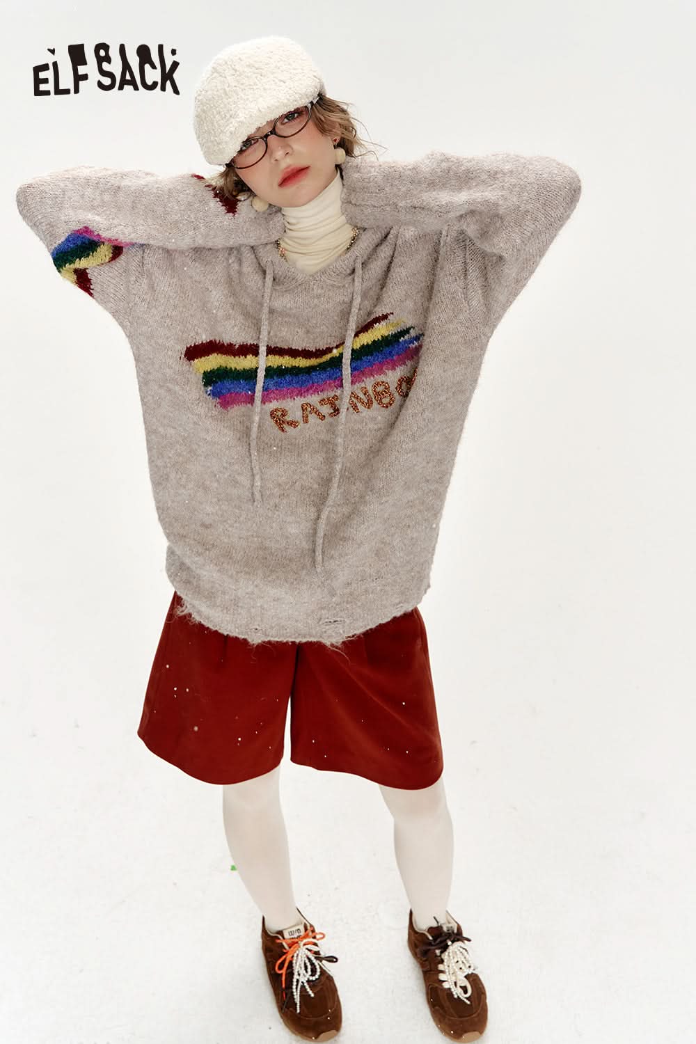 ELFSACK Retro loose rainbow hooded sweater women soft warm top