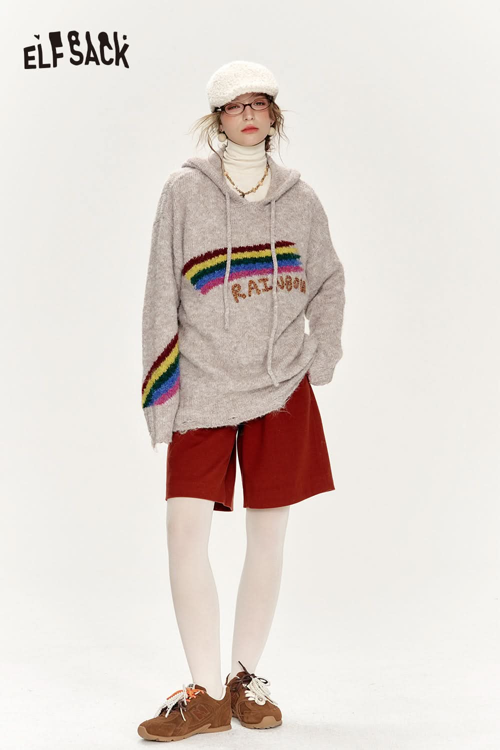 ELFSACK Retro loose rainbow hooded sweater women soft warm top