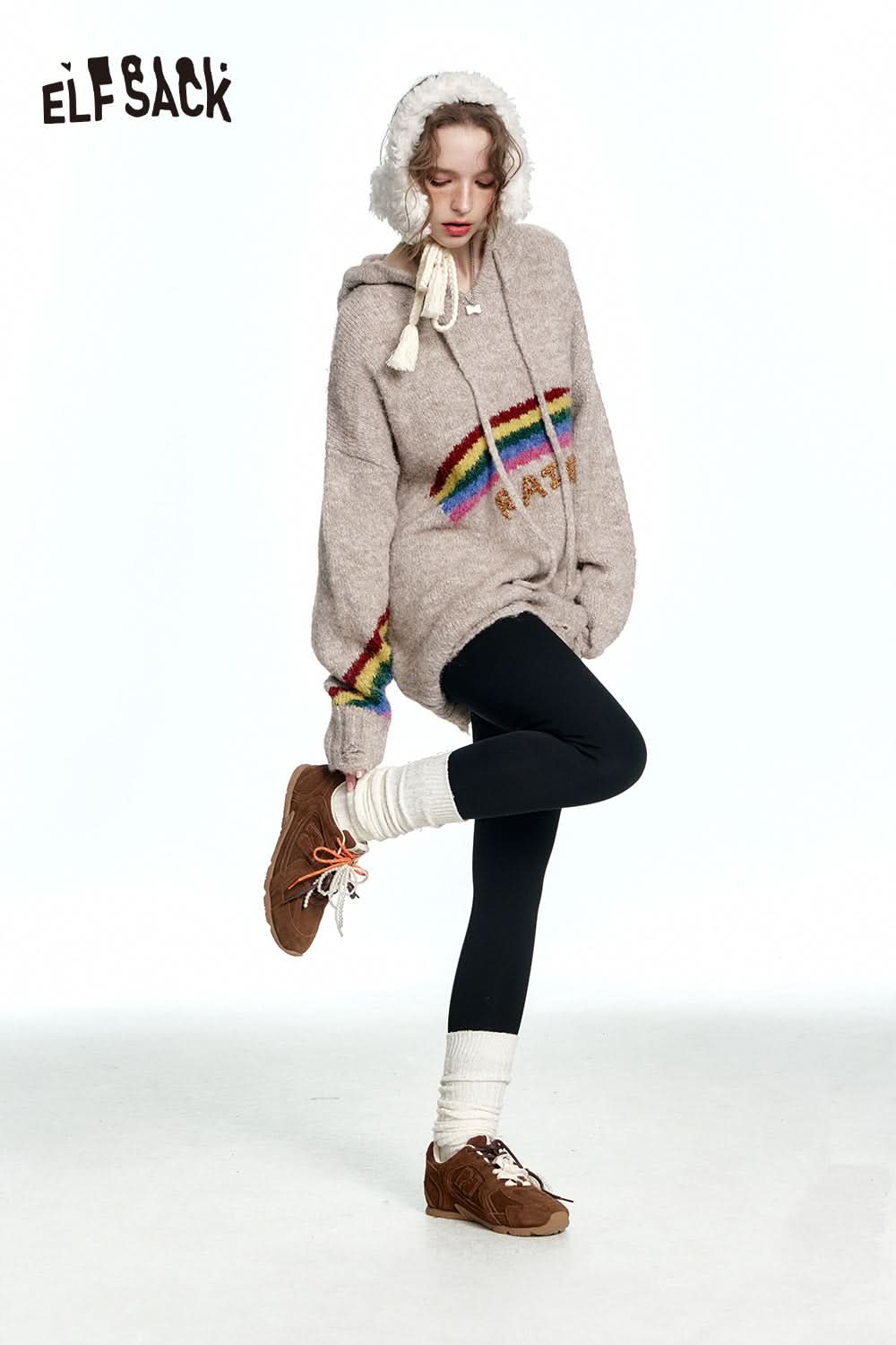 ELFSACK Retro loose rainbow hooded sweater women soft warm top