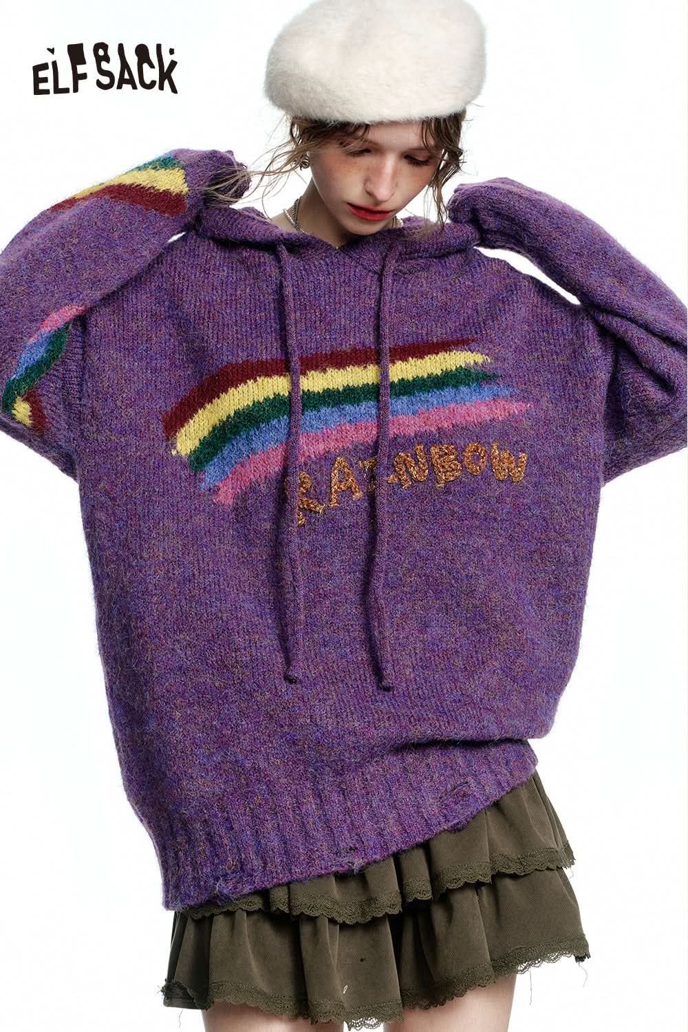 ELFSACK Retro loose rainbow hooded sweater women soft warm top
