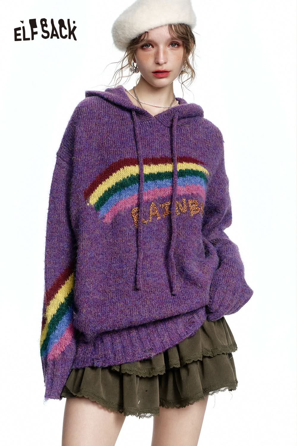 ELFSACK Retro loose rainbow hooded sweater women soft warm top