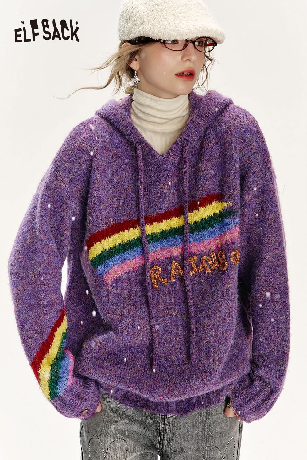 ELFSACK Retro loose rainbow hooded sweater women soft warm top
