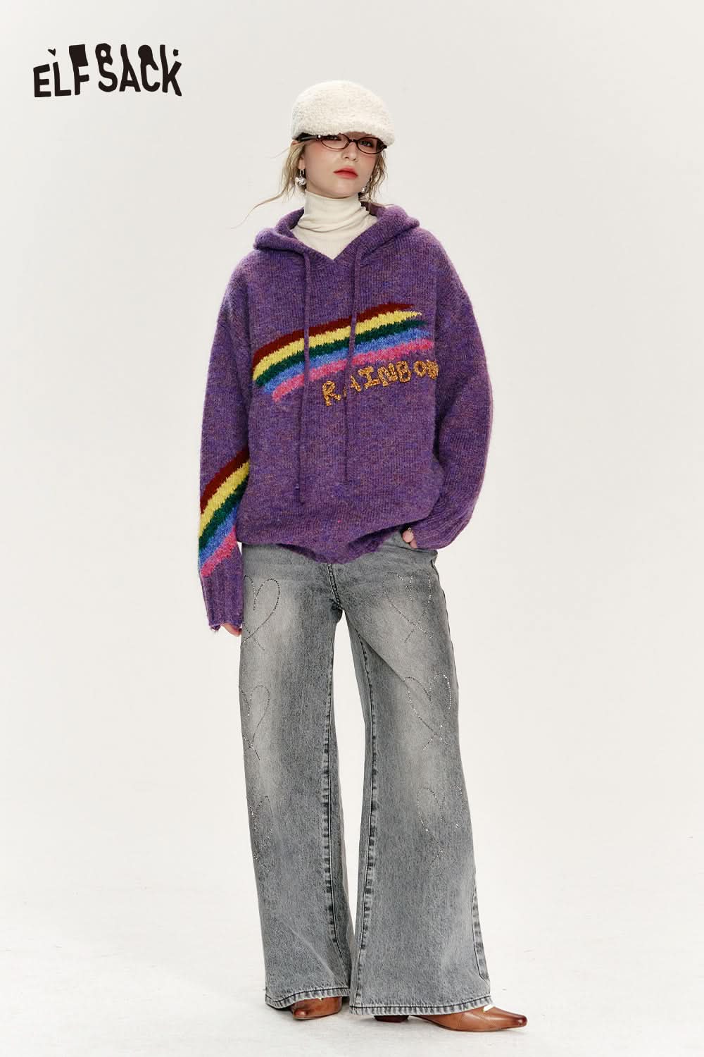ELFSACK Retro loose rainbow hooded sweater women soft warm top