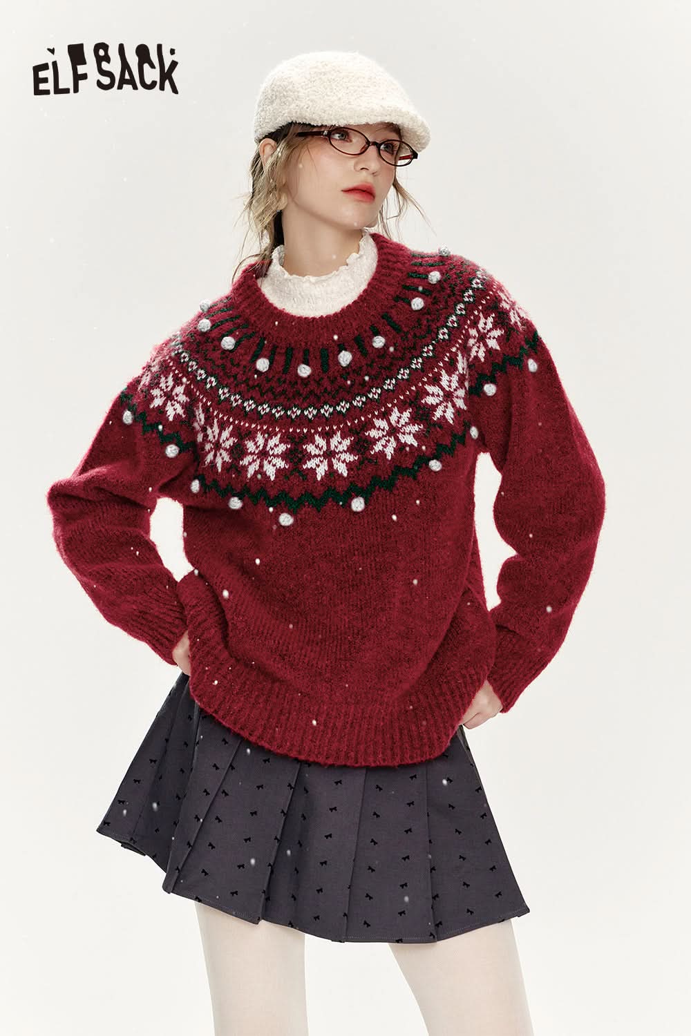 ELFSACK Christmas Red Loose Fair Isle Thickened Sweater Women