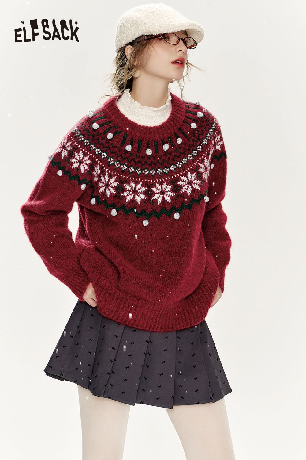 ELFSACK Christmas Red Loose Fair Isle Thickened Sweater Women