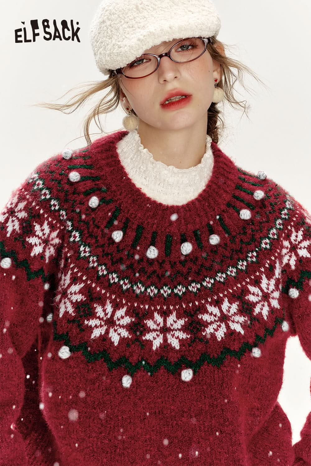ELFSACK Christmas Red Loose Fair Isle Thickened Sweater Women