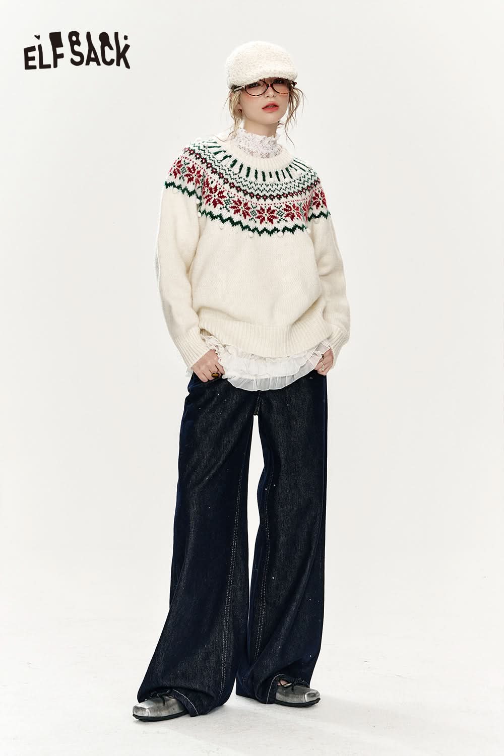 ELFSACK Christmas Red Loose Fair Isle Thickened Sweater Women